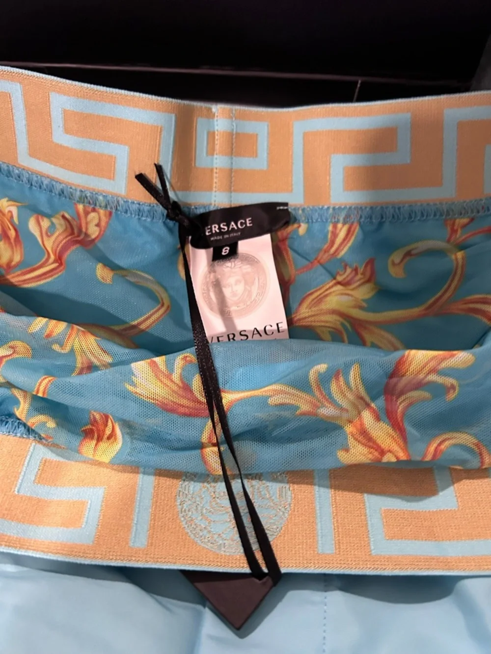 Versace Turquoise Swim Trunks with Gold Waistband - Picture 5 of 9